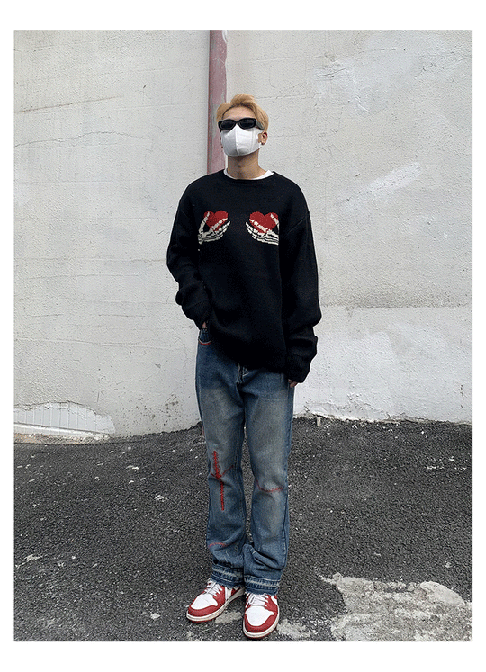 Skeleton Hands Heart Knit Sweater