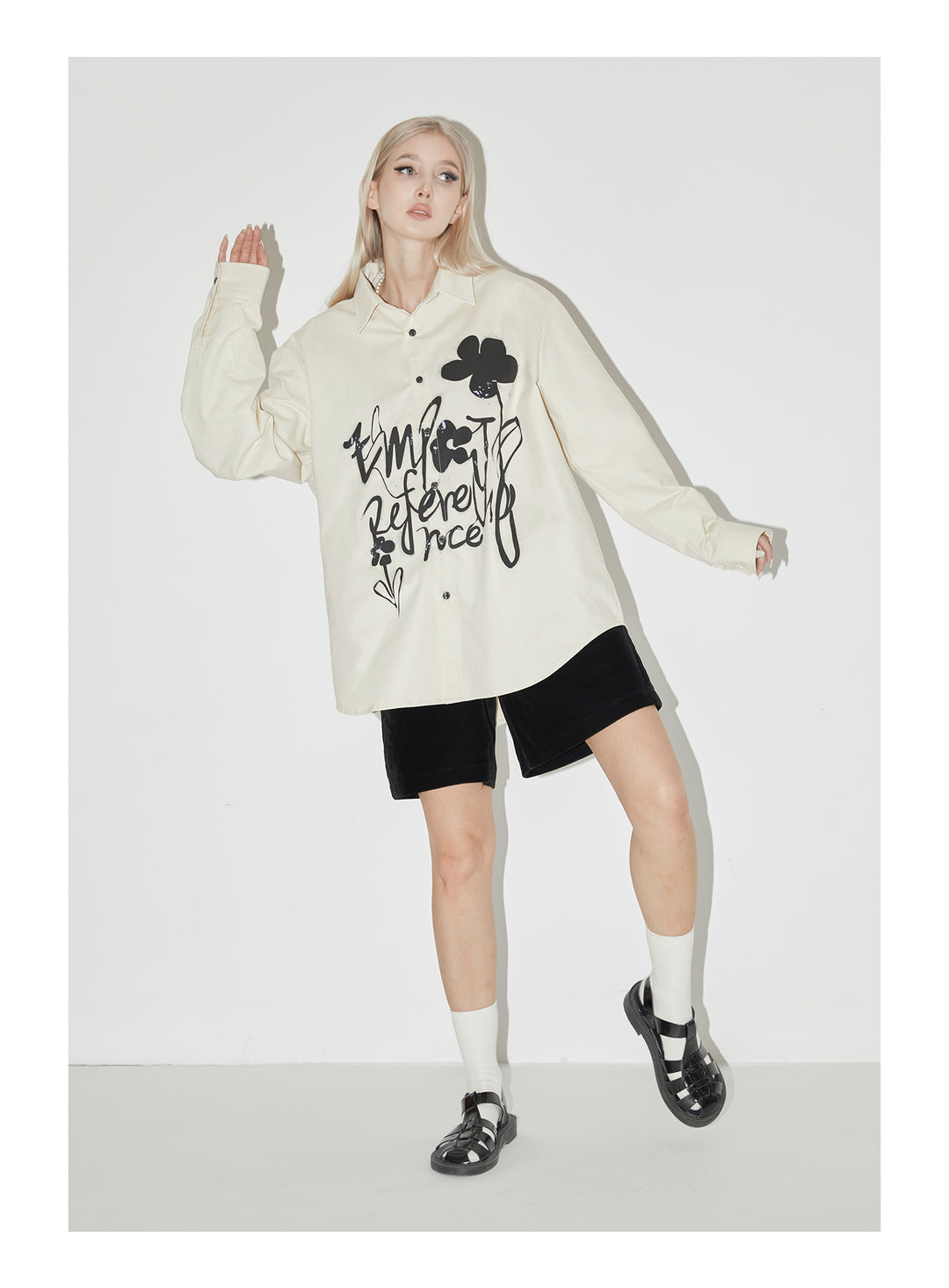 EMPTY REFERENCE Ink Graffiti Flower Print Long Sleeved Shirt