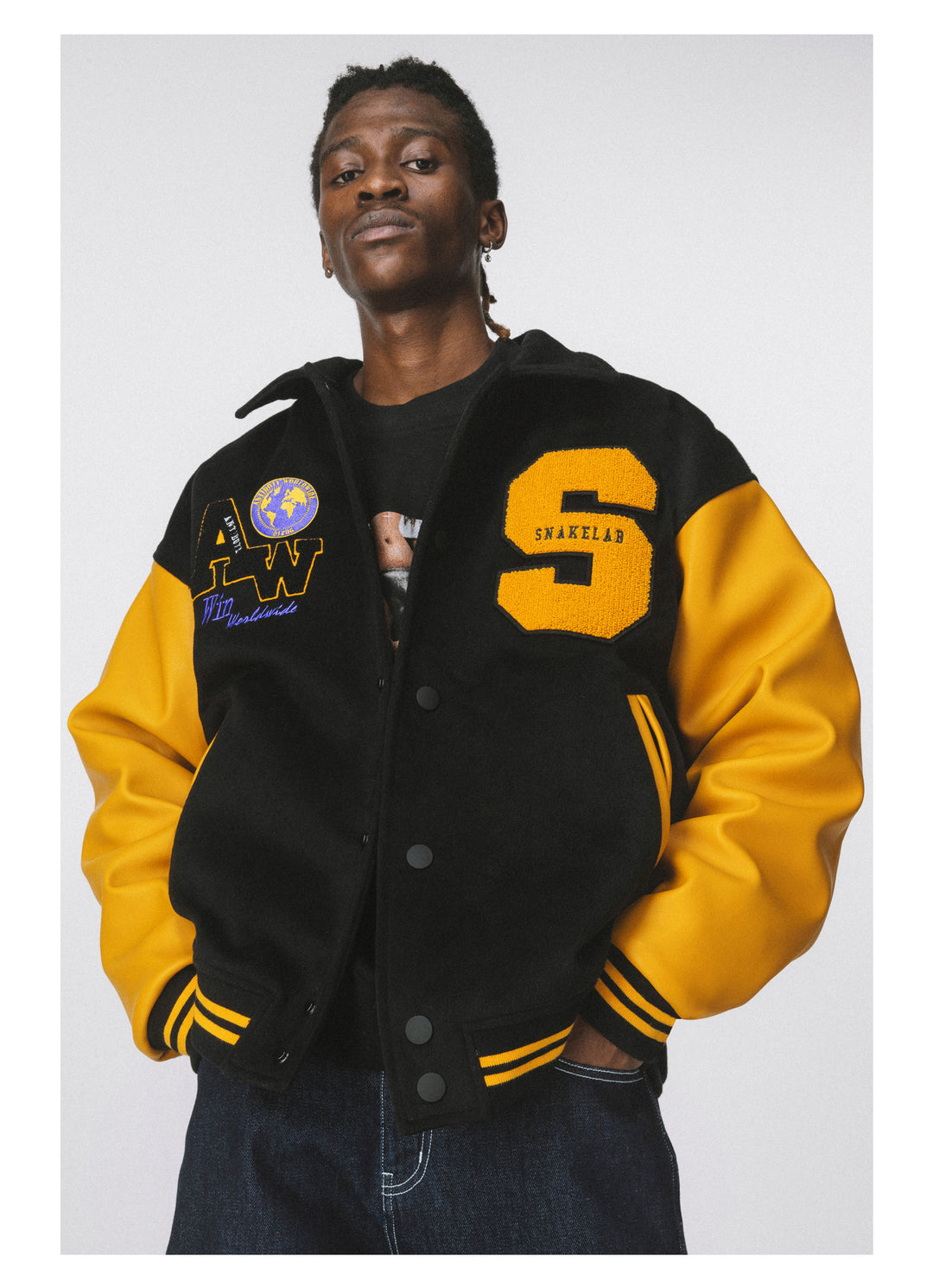ANTIDOTE Yellow Woolen Embroidered Varsity Jacket | Face 3 Face