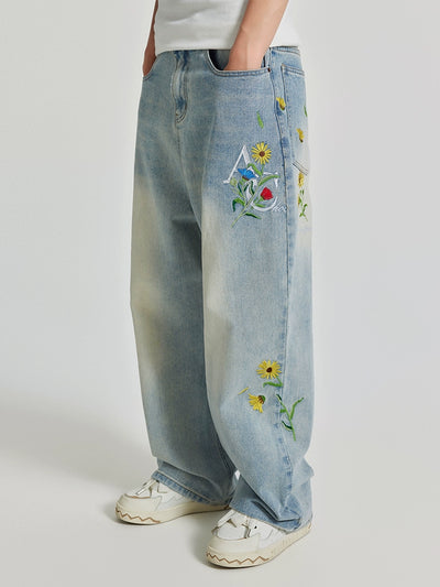 Achock Logo & Flower Embroidery Draped Denim Jeans