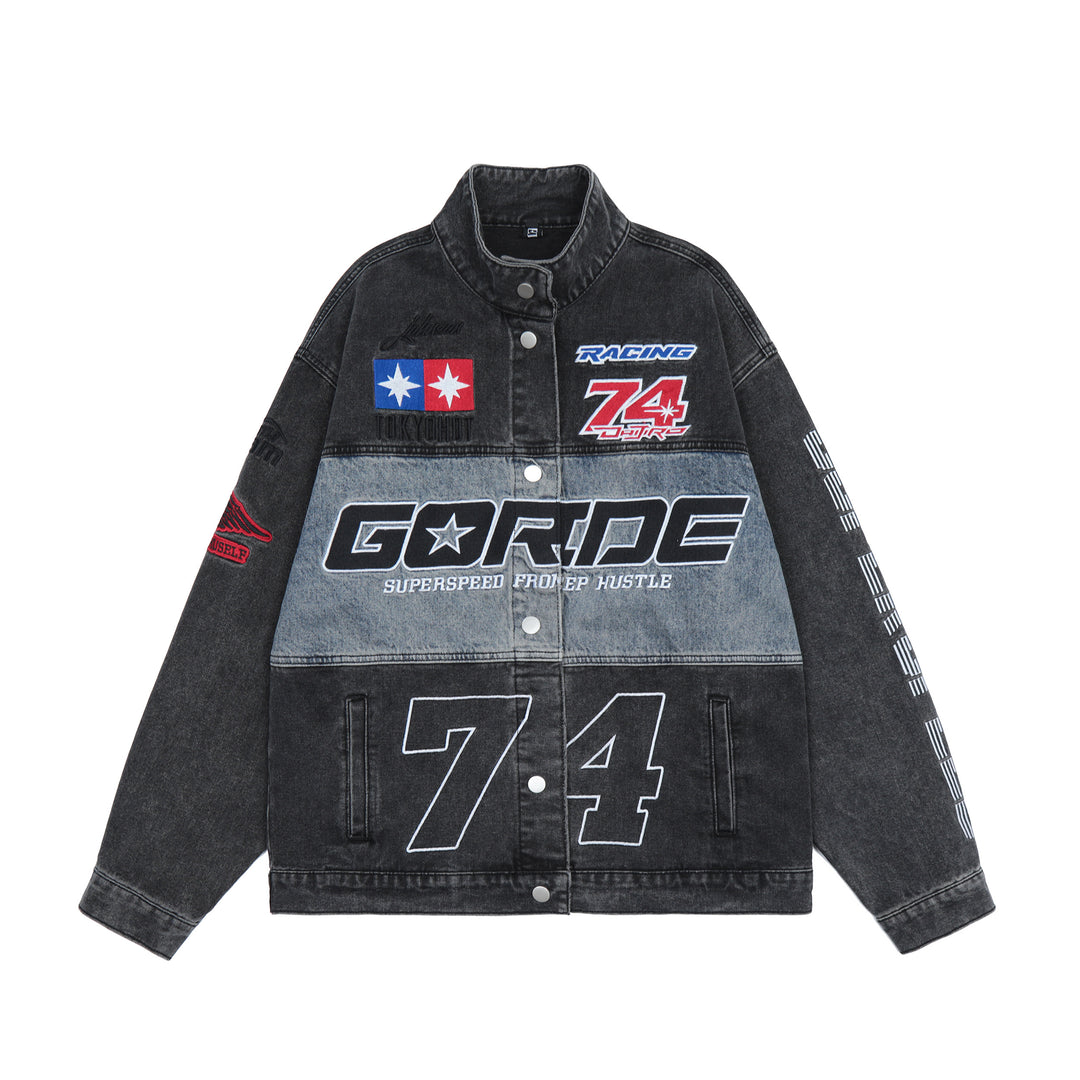 F3F Select Embroidered Motorcycle Racing Denim Jacket