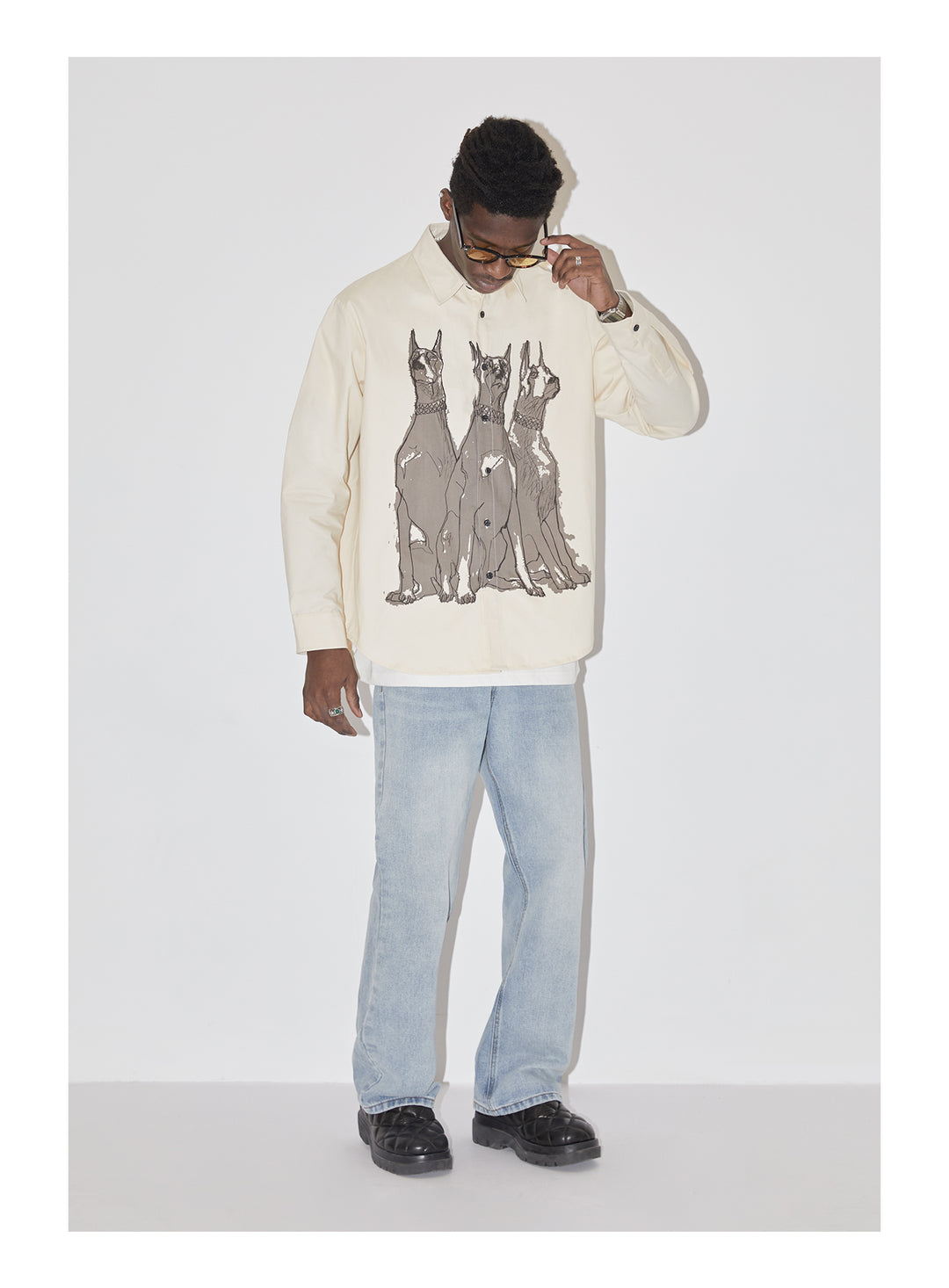 EMPTY REFERENCE Line Drawing Doberman Print Long Sleeved Shirt | Face 3 Face