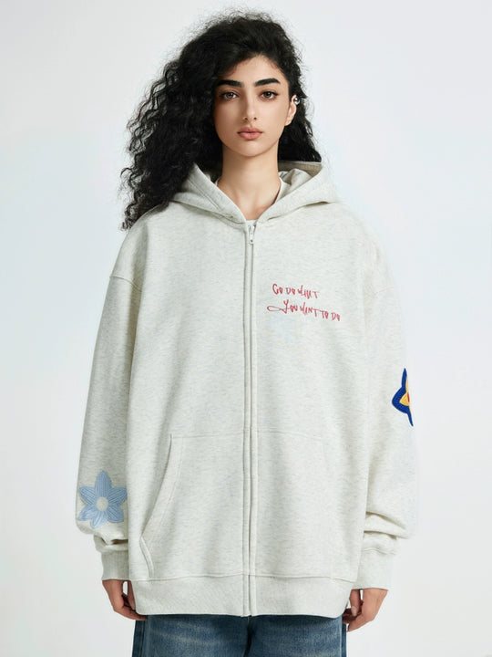 Achock Floral Embroidery Zipper Hoodie