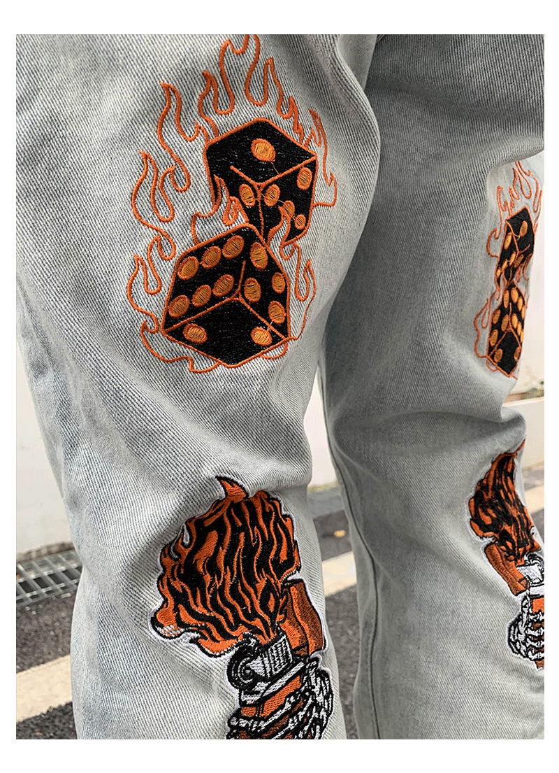 Skull Embroidered Denim Jeans
