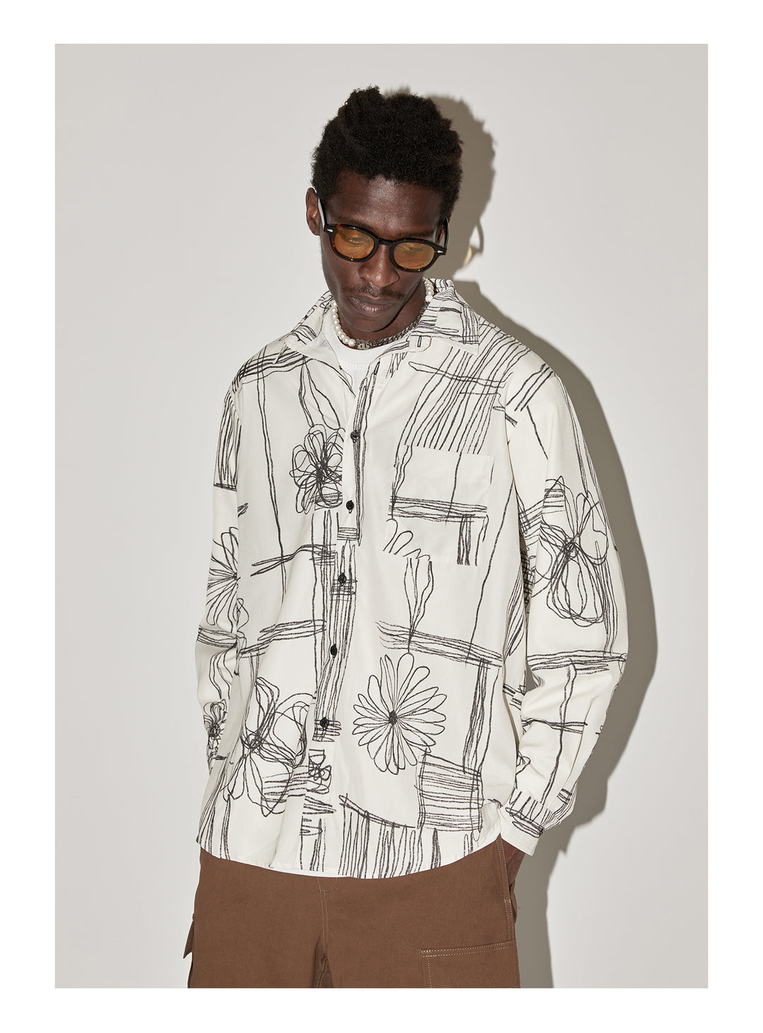 EMPTY REFERENCE Sketch Plaid Floral Print Long Sleeved Shirt