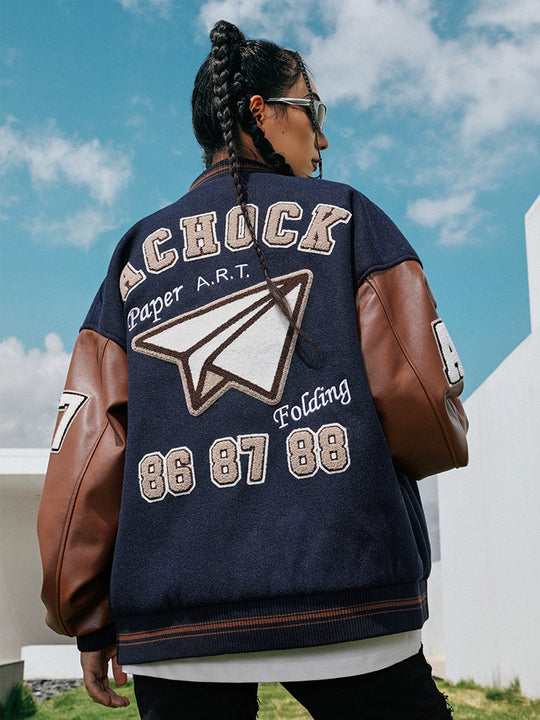 Baseball Jacket | Achock Airplane Embroidery Leather Baseball Jacket | Face 3 Face