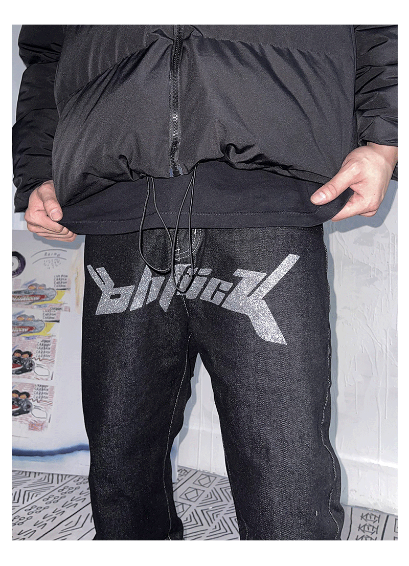 Bronzing Letters Black Denim Jeans