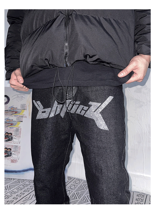 Bronzing Letters Black Denim Jeans