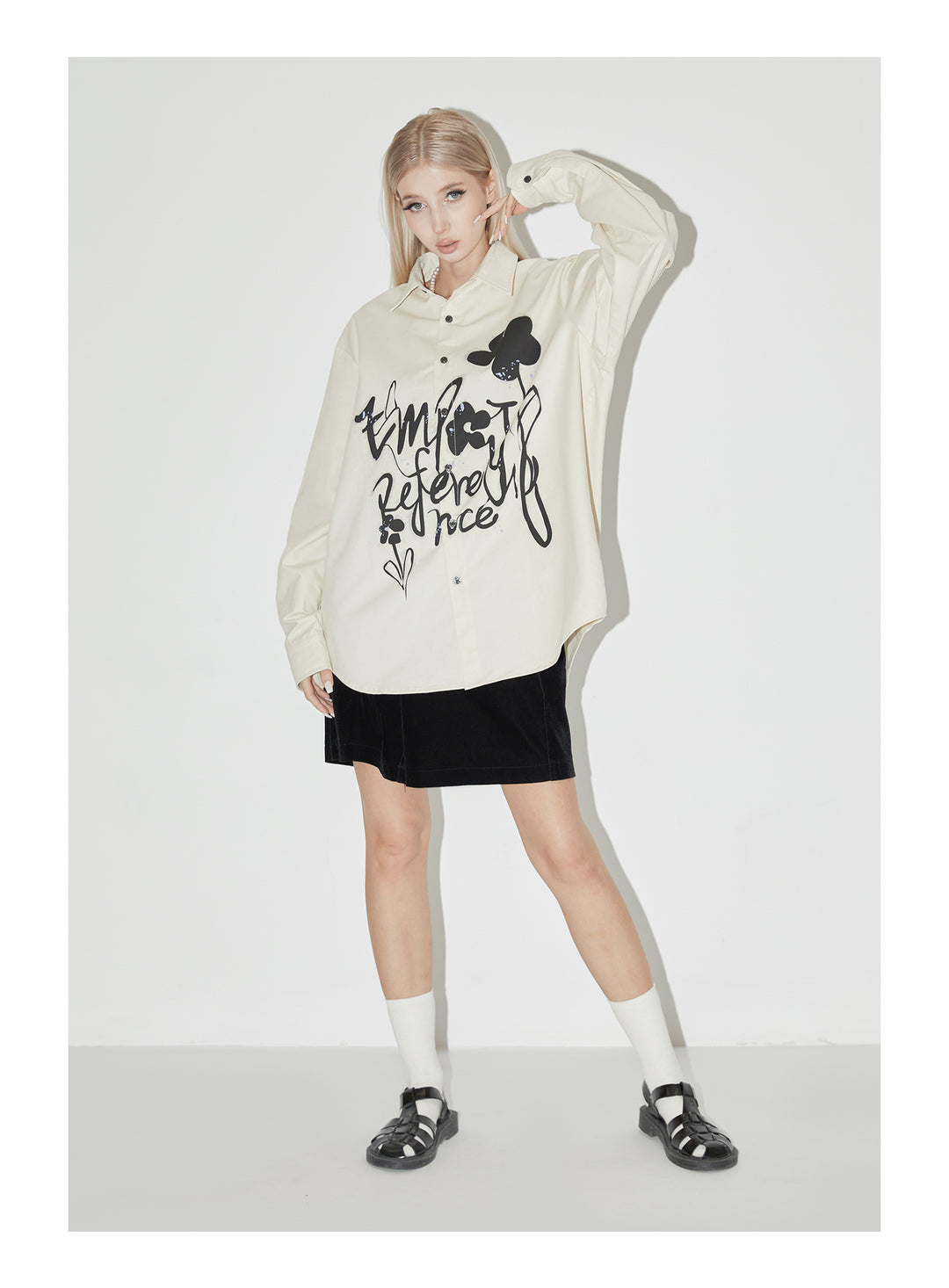 EMPTY REFERENCE Ink Graffiti Flower Print Long Sleeved Shirt