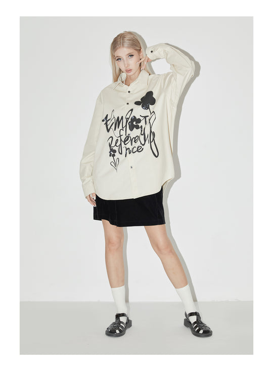 EMPTY REFERENCE Ink Graffiti Flower Print Long Sleeved Shirt