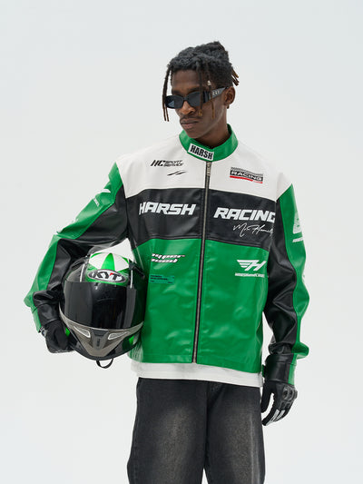 Harsh and Cruel Colorful Lapel F1 Racing Suit Faux Leather Jacket - The jacket features a colorful lapel design, inspired by F1 racing suits. It is made of faux leather material for a sleek, sporty look.