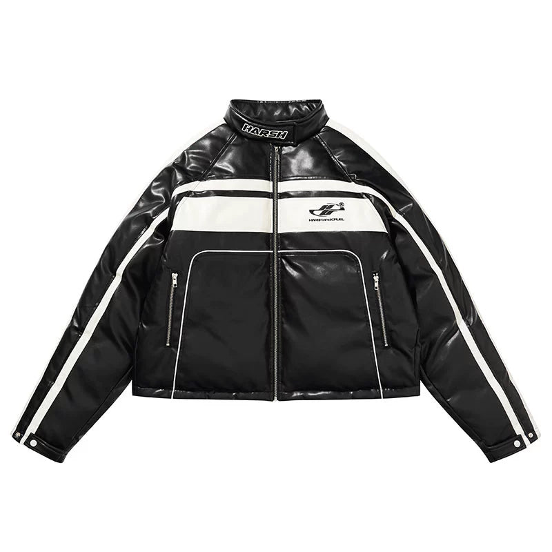 Harsh and Cruel Deconstructed Stitched Racing Leather Down Jacket