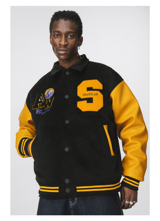ANTIDOTE Yellow Woolen Embroidered Varsity Jacket | Face 3 Face