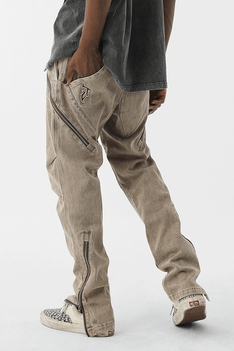 JHYQ Washed Slim Zipper Patchwork Denim Jeans