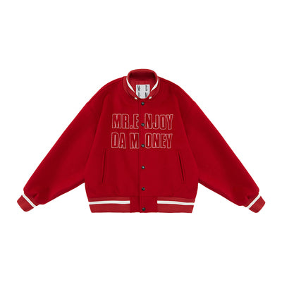 MEDM Spell Leather Logo Embroidered Varsity Jacket | Face 3 Face