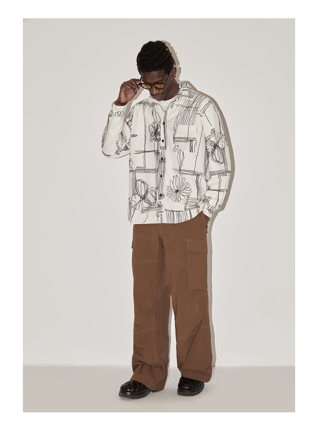 EMPTY REFERENCE Sketch Plaid Floral Print Long Sleeved Shirt