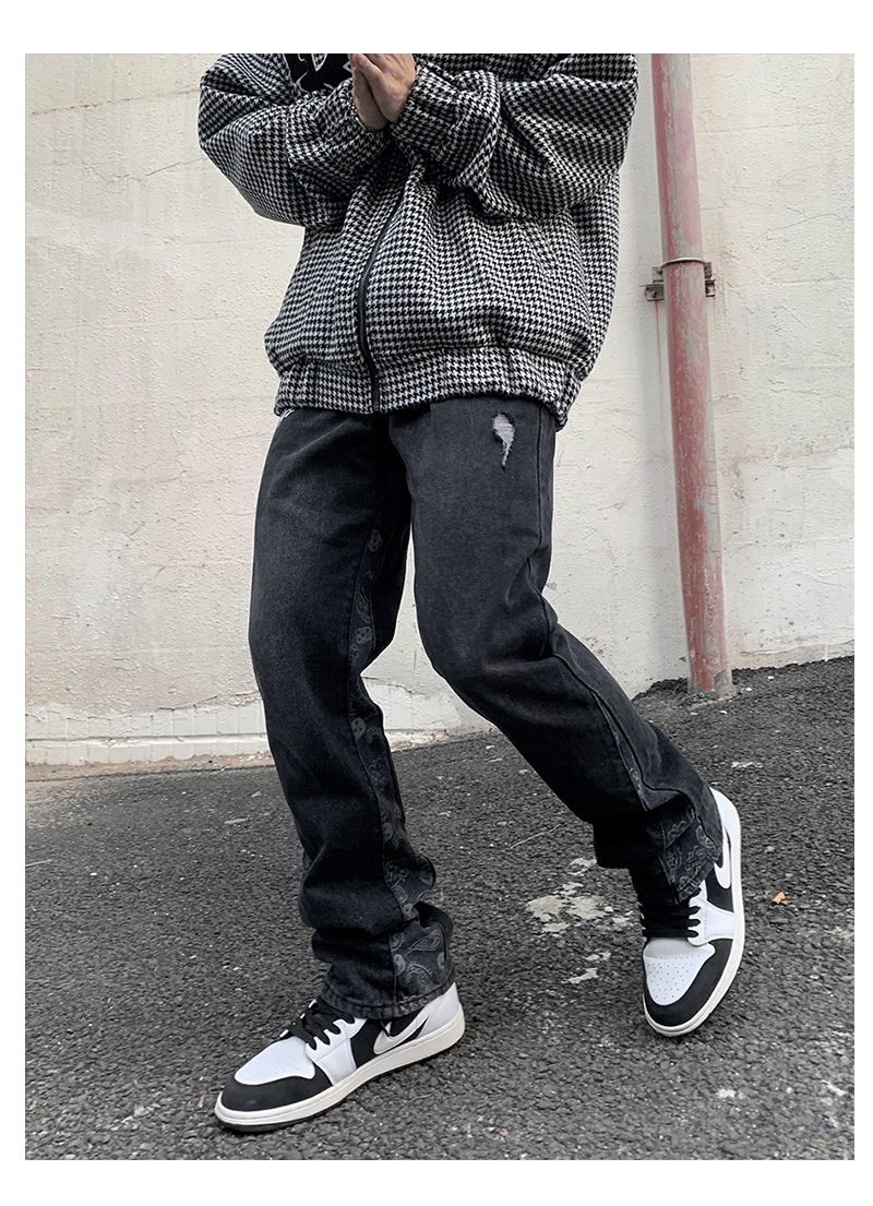 Cashew Flower Stitching Washed Flared Denim Jeans