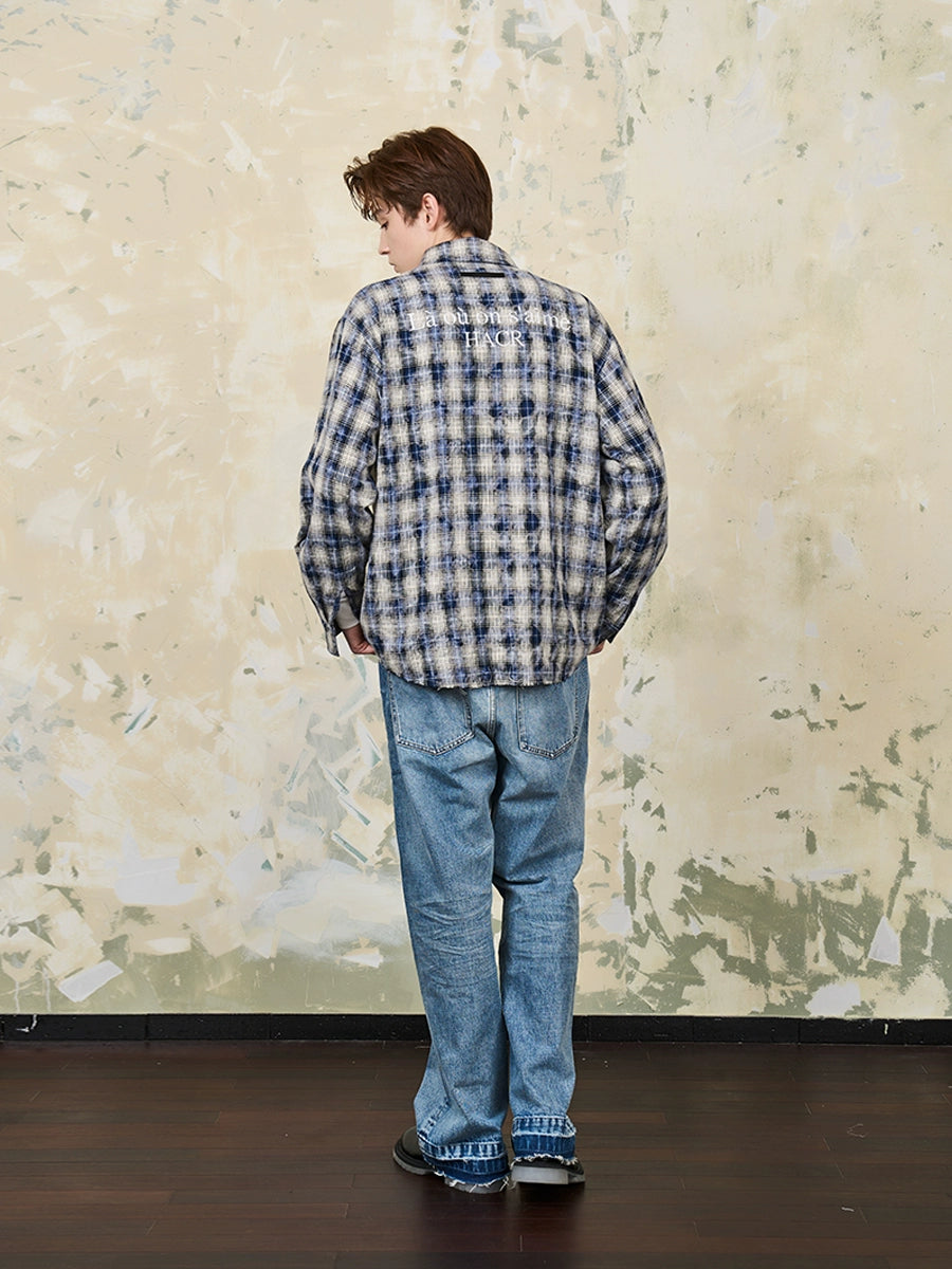 Harsh and Cruel Distressed Checkered Plaid Zipper Shirt