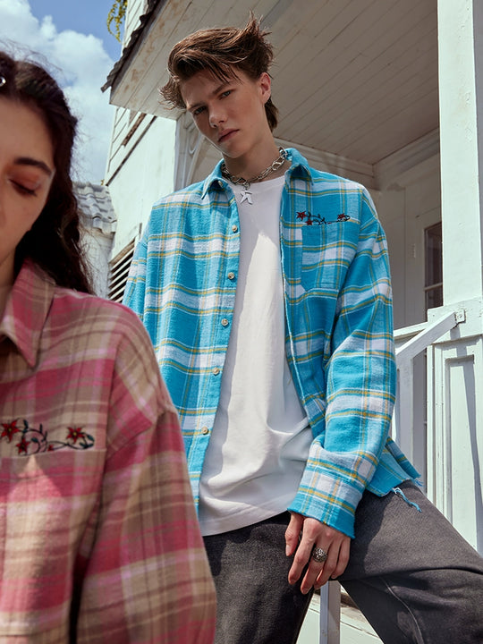 Achock Embroidery Fringe Plaid Long Sleeve Shirt | Face 3 Face