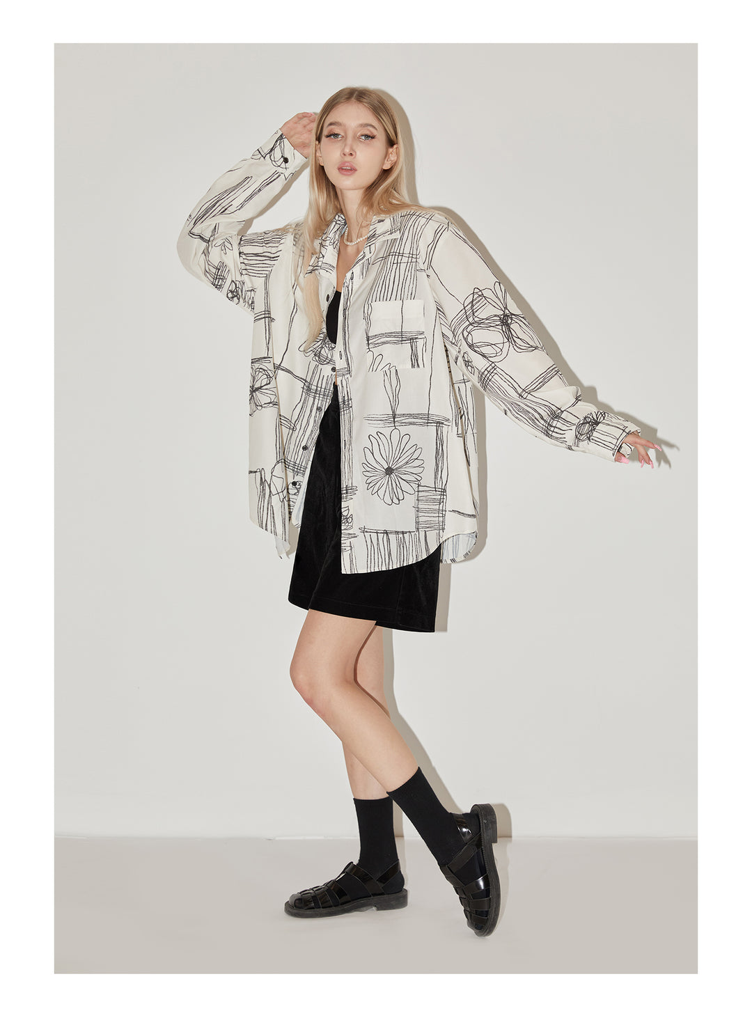 EMPTY REFERENCE Sketch Plaid Floral Print Long Sleeved Shirt