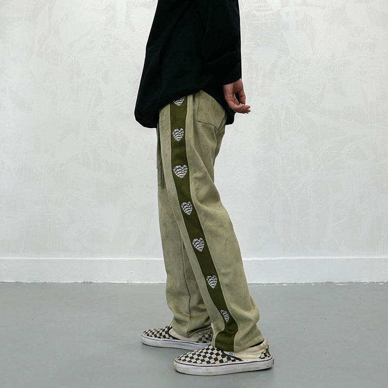 Love Heart Embroidery Velvet Track Pants