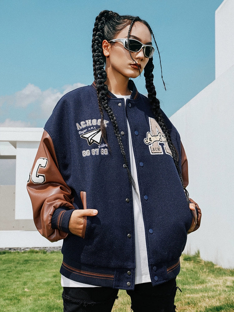 Baseball Jacket | Achock Airplane Embroidery Leather Baseball Jacket | Face 3 Face