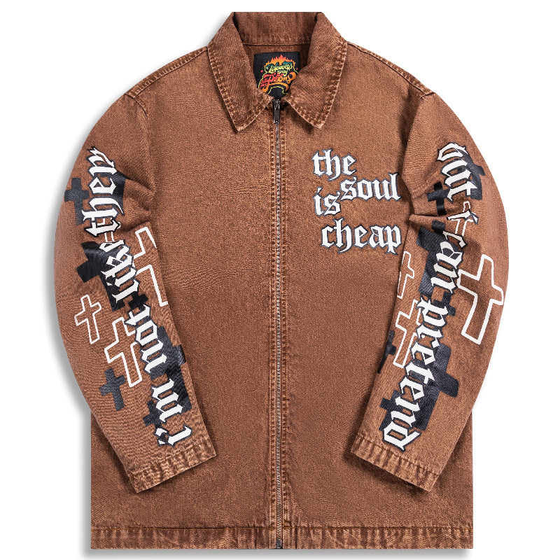 PRBLMS Cross Full Print Washed Denim Jacket | Face 3 Face