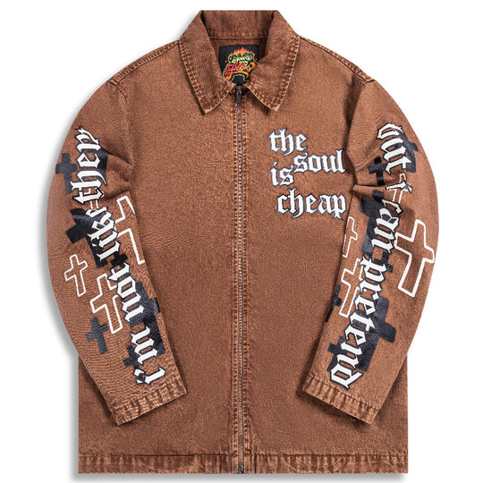 PRBLMS Cross Full Print Washed Denim Jacket | Face 3 Face