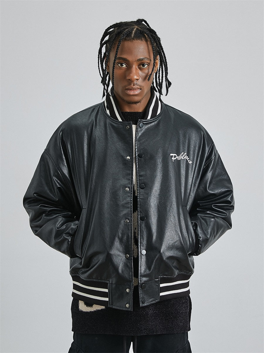 PRBLMS Big LOGO Leather Baseball Jacket | Face 3 Face