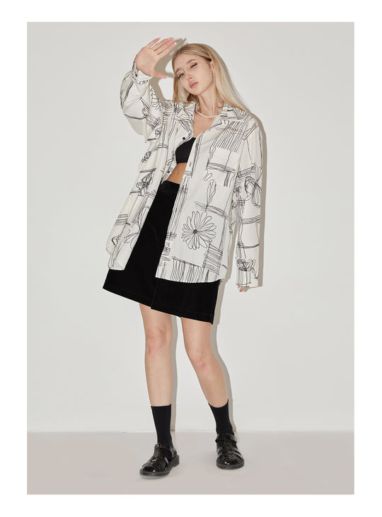 EMPTY REFERENCE Sketch Plaid Floral Print Long Sleeved Shirt