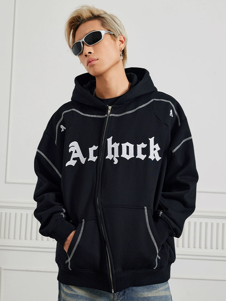 Puff print hoodies | Achock Heavy Embroidery Zipper Hoodie | Face 3 Face