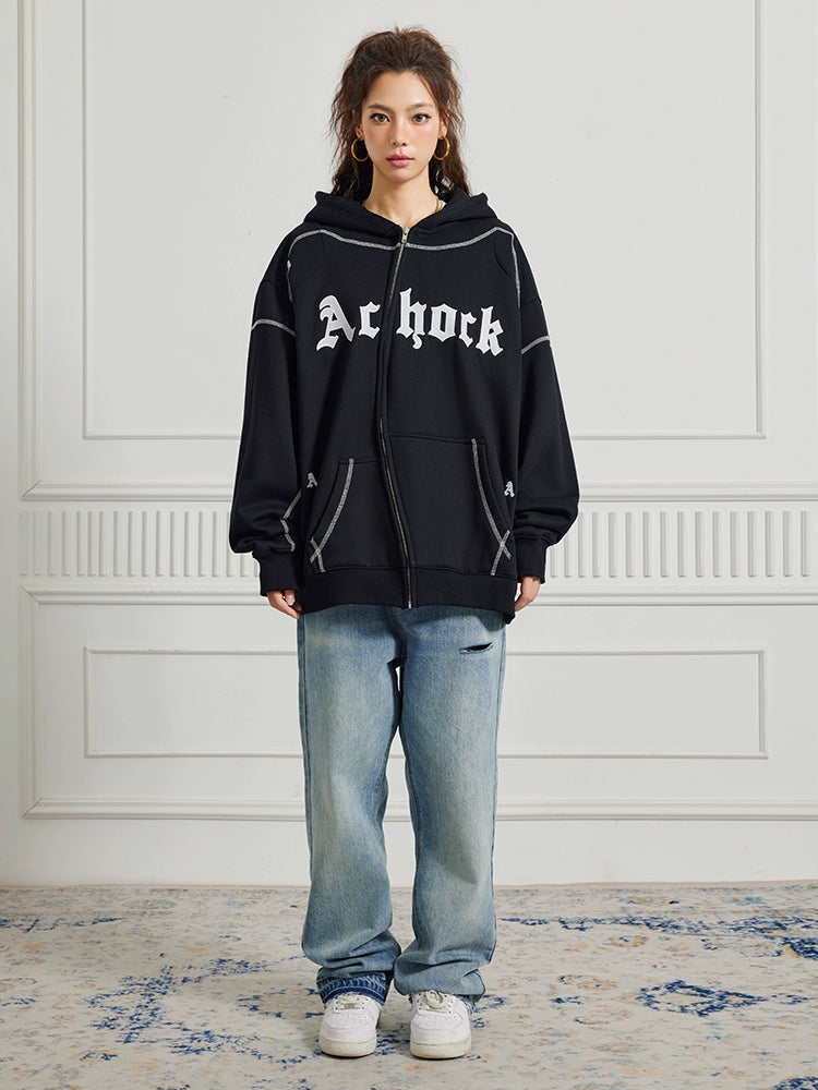 Puff print hoodies | Achock Heavy Embroidery Zipper Hoodie | Face 3 Face