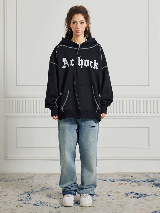 Puff print hoodies | Achock Heavy Embroidery Zipper Hoodie | Face 3 Face