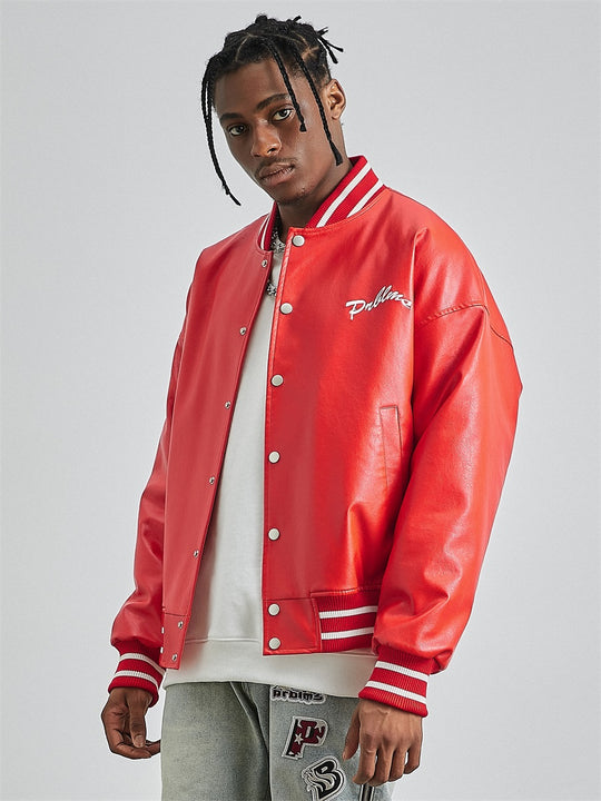 PRBLMS Big LOGO Leather Baseball Jacket | Face 3 Face