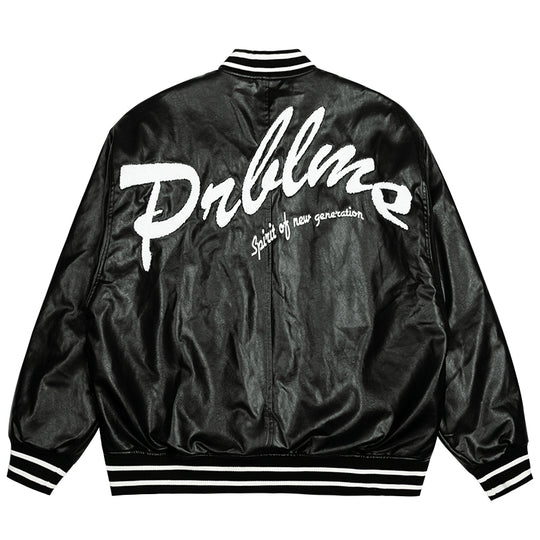 PRBLMS Big LOGO Leather Baseball Jacket | Face 3 Face