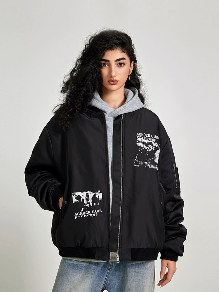 Achock Vintage Printed Baseball Bomber Jacket