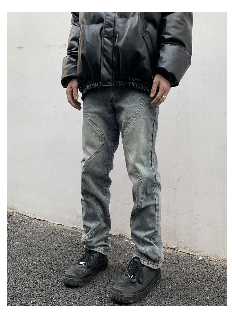 Bright Line Splicing Washed Denim Jeans