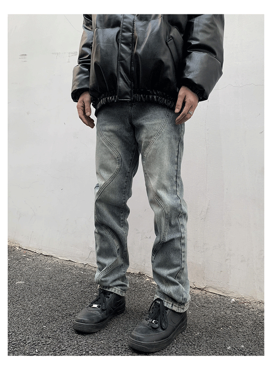 Bright Line Splicing Washed Denim Jeans