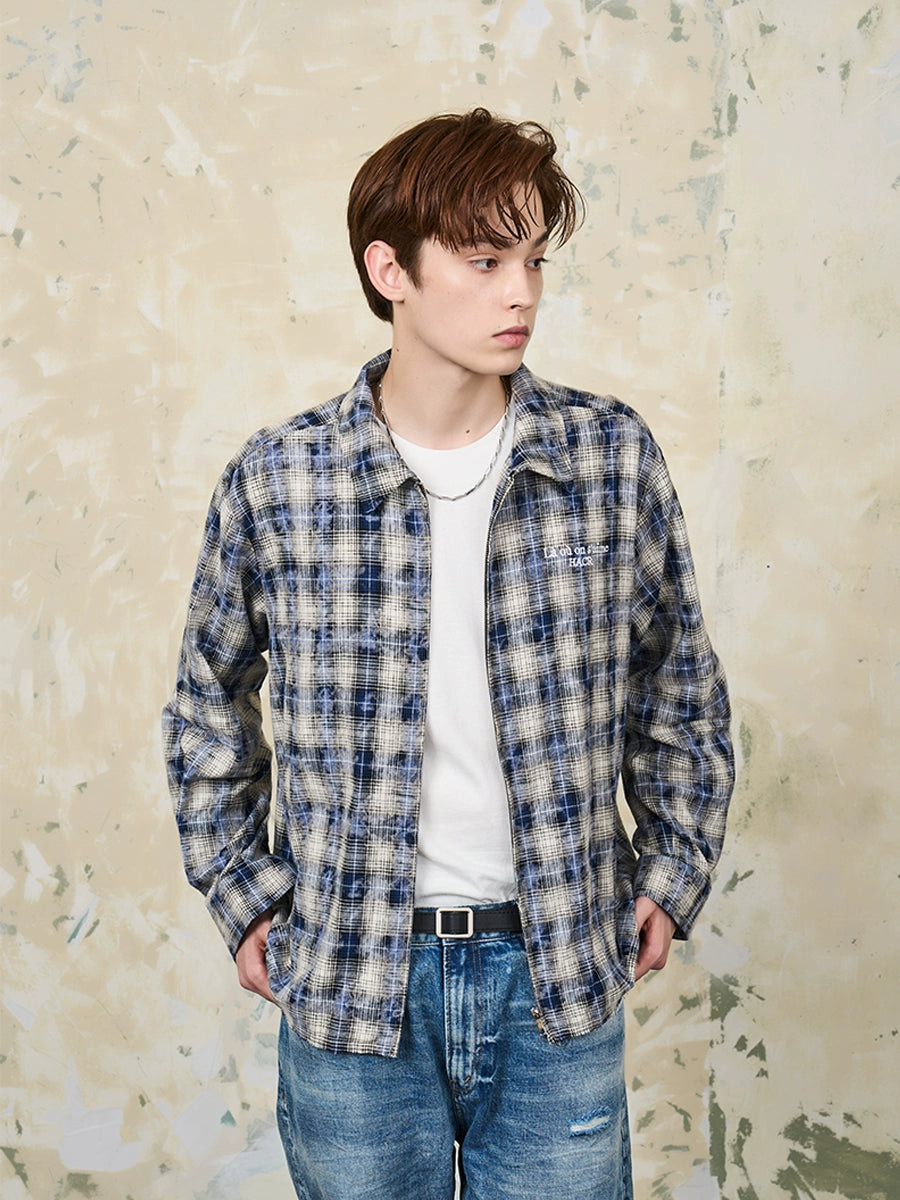 Harsh and Cruel Distressed Checkered Plaid Zipper Shirt