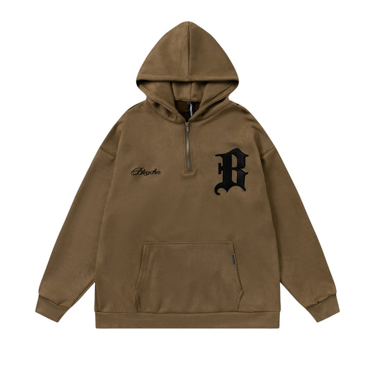 F3F Select B Logo Embroidered Suede Half Zip Hoodie