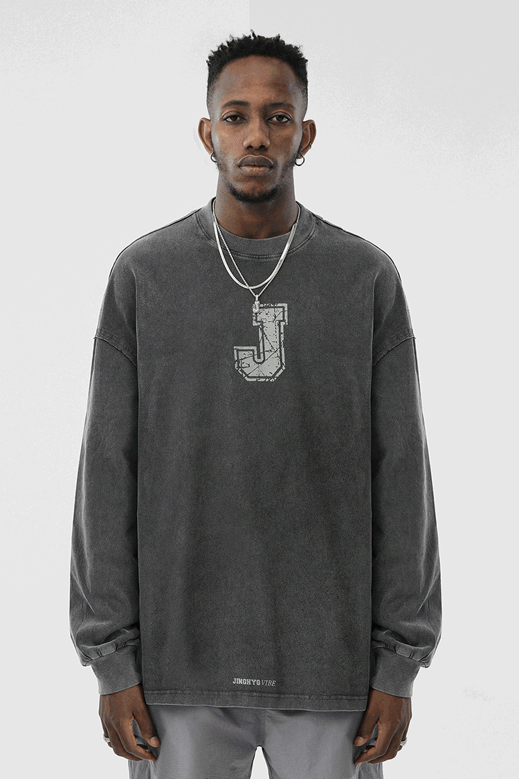 JHYQ Letter J Series Washed Long Sleeved Tee