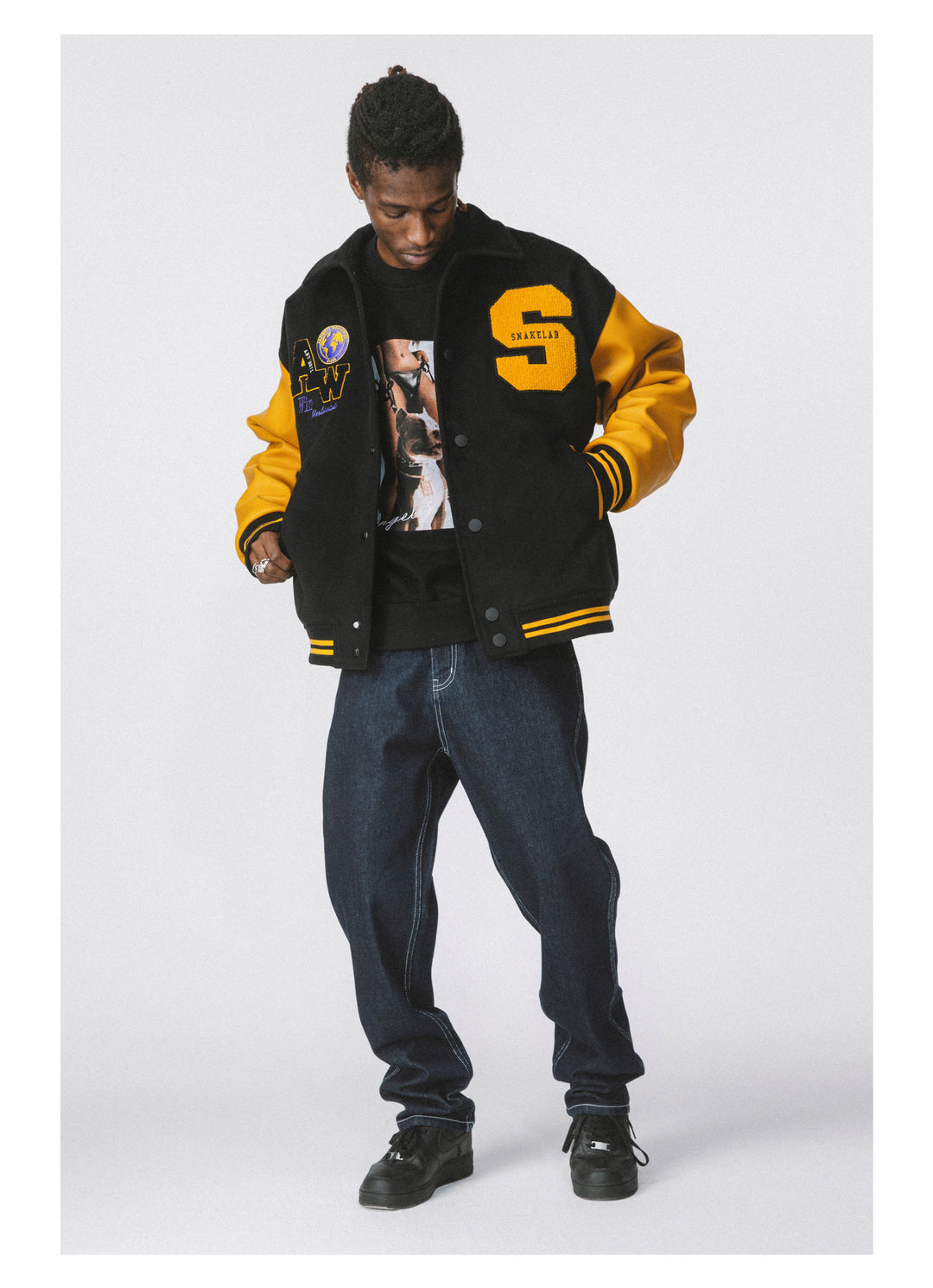 ANTIDOTE Yellow Woolen Embroidered Varsity Jacket | Face 3 Face