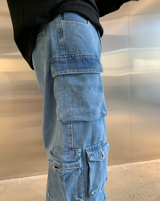 F3F Select Multi Pocket Washed Denim Cargo Pants