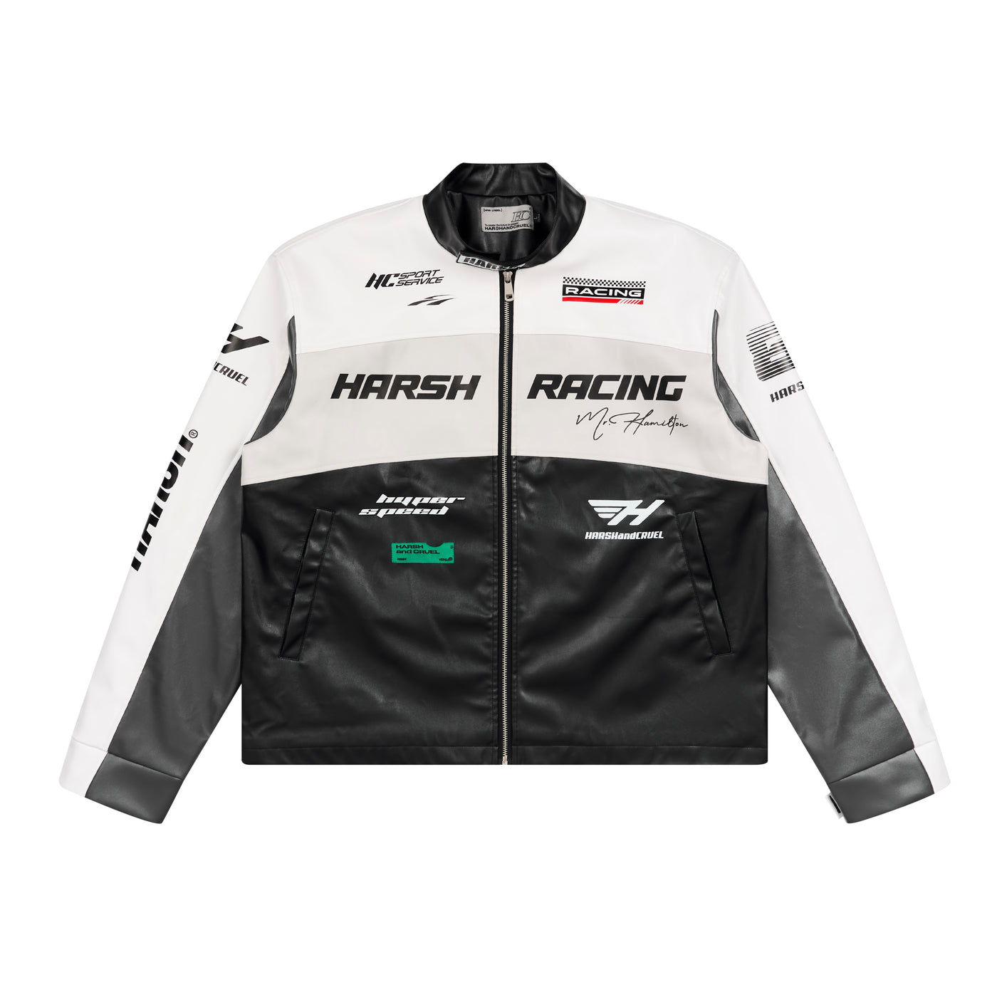 Harsh and Cruel Colorful Lapel F1 Racing Suit Faux Leather Jacket - The jacket features a colorful lapel design, inspired by F1 racing suits. It is made of faux leather material for a sleek, sporty look.
