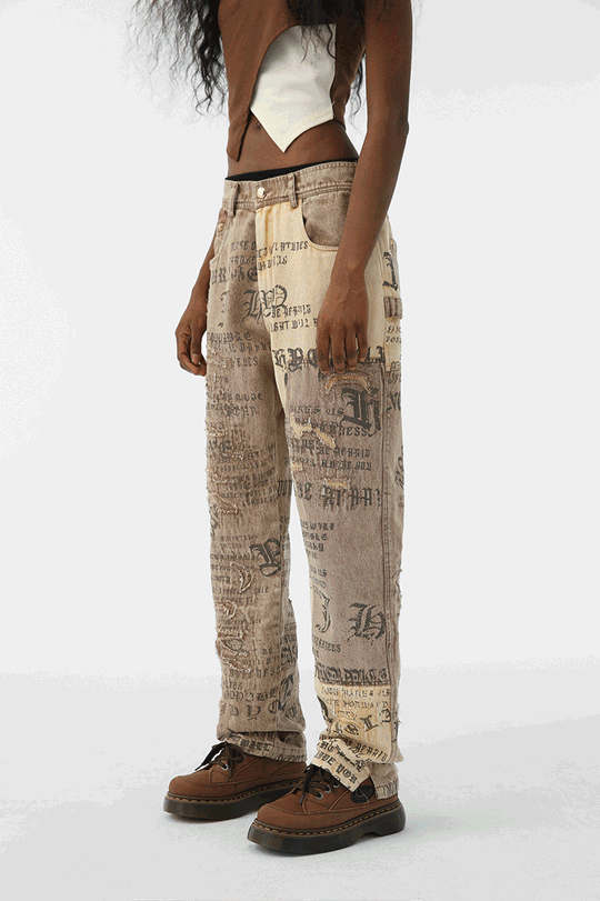 JHYQ Burlap Slim Gothic Print Color Blocking Pants