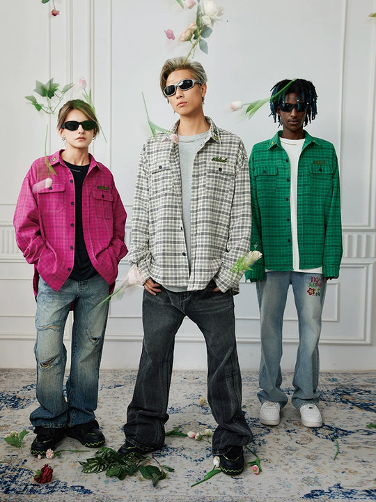 Achock Color Blocking Logo Embroidery Plaid Long Sleeve Shirt | Face 3 Face