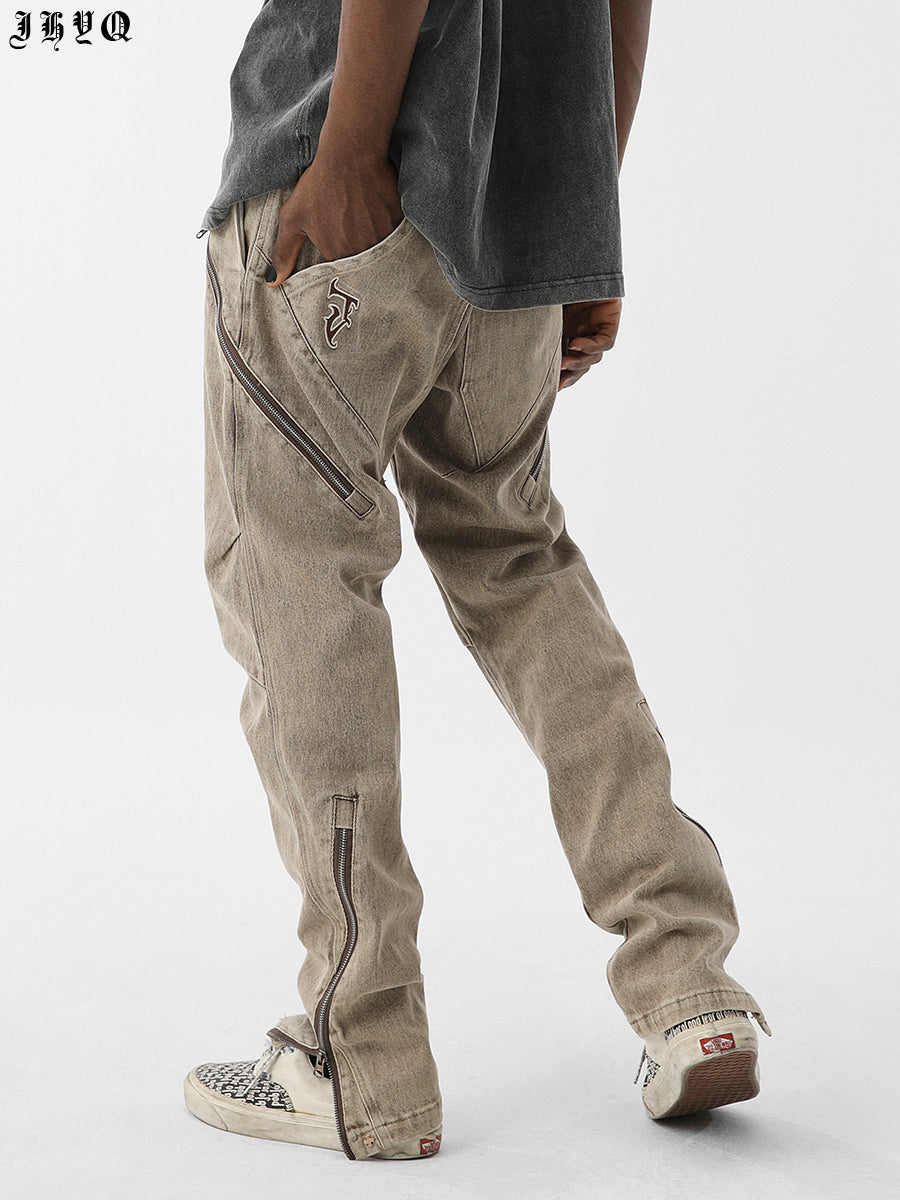 JHYQ Washed Slim Zipper Patchwork Denim Jeans