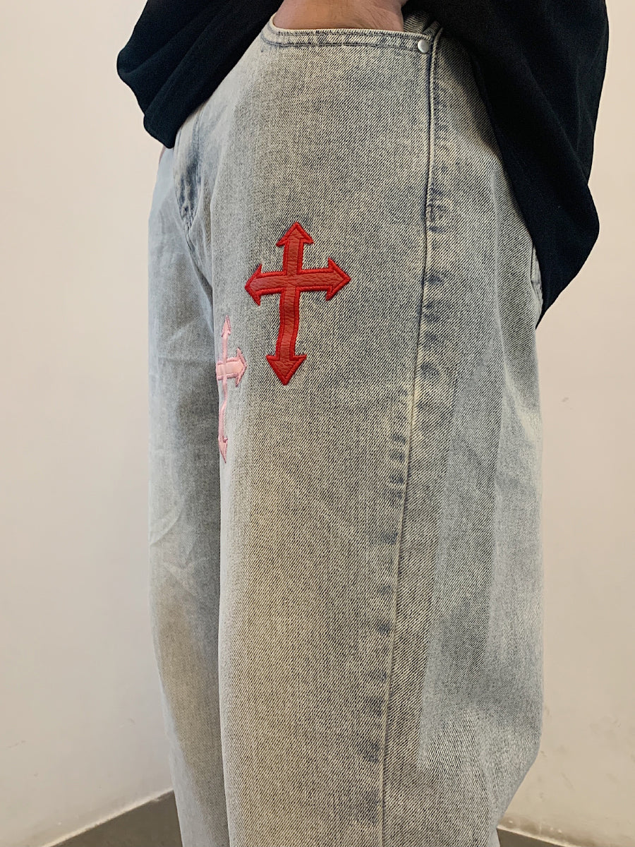 F3F Select Washed Cross Patch Embroidery Denim Jeans