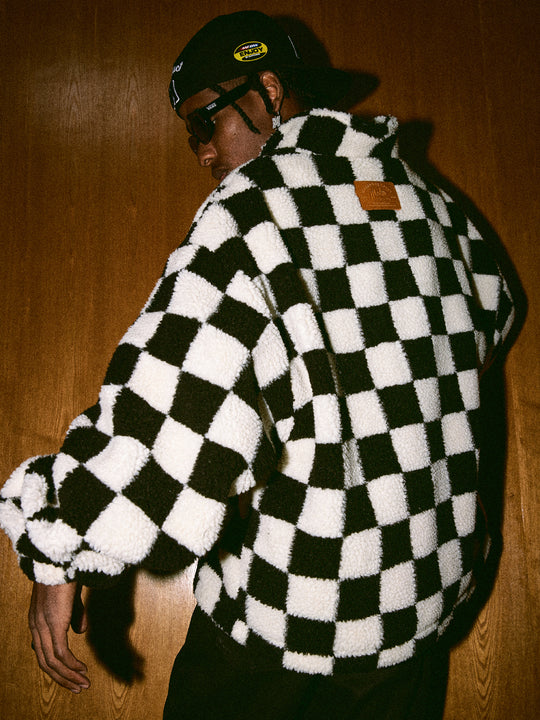 MEDM Checkerboard Sherpa Fleece Boa Pullover Jacket | Face 3 Face