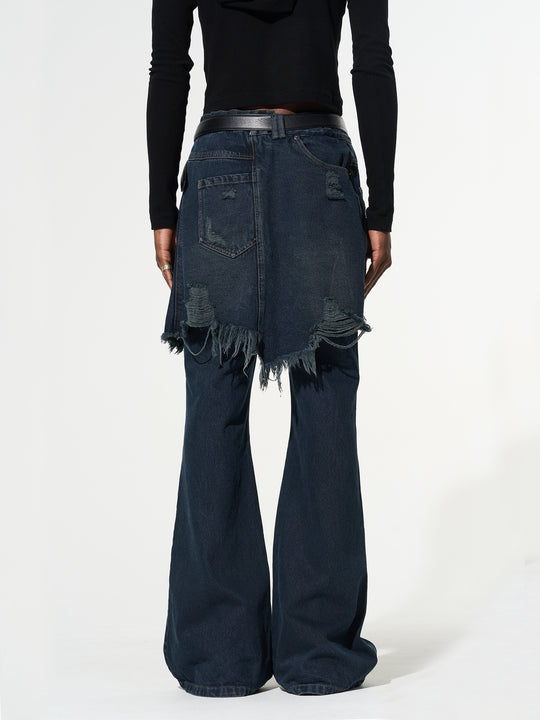 BLIND NO PLAN False Two Piece Washed Destroyed Denim Jeans
